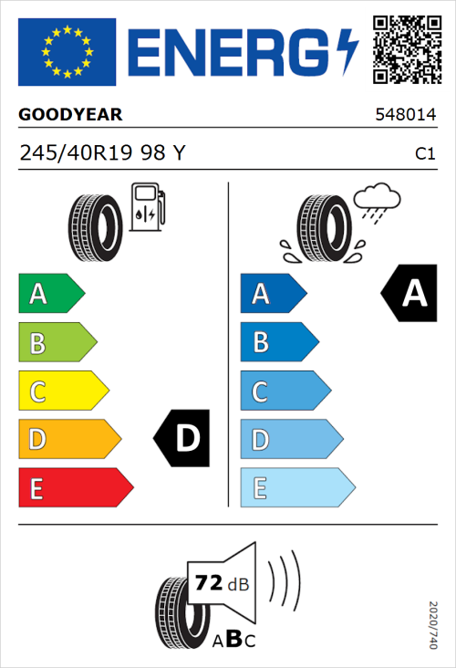 Tyre Label for Goodyear Eagle F1 SuperSport 245/40R19 98Y