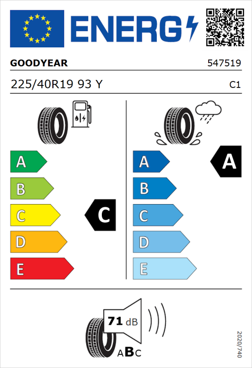 Tyre Label for Goodyear Eagle F1 SuperSport 225/40R19 93Y