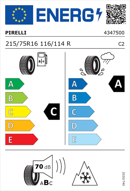 Tyre Label for Pirelli Carrier 215/75R16 116/114R